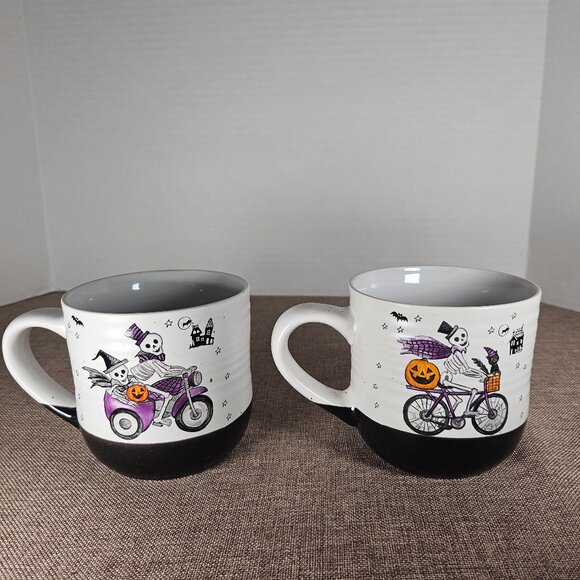 Two Ceramic Skeletons On Motor Scooter Bikes 18 Inch Mugs Cobwebs And Cauldrons - Picture 1 of 9